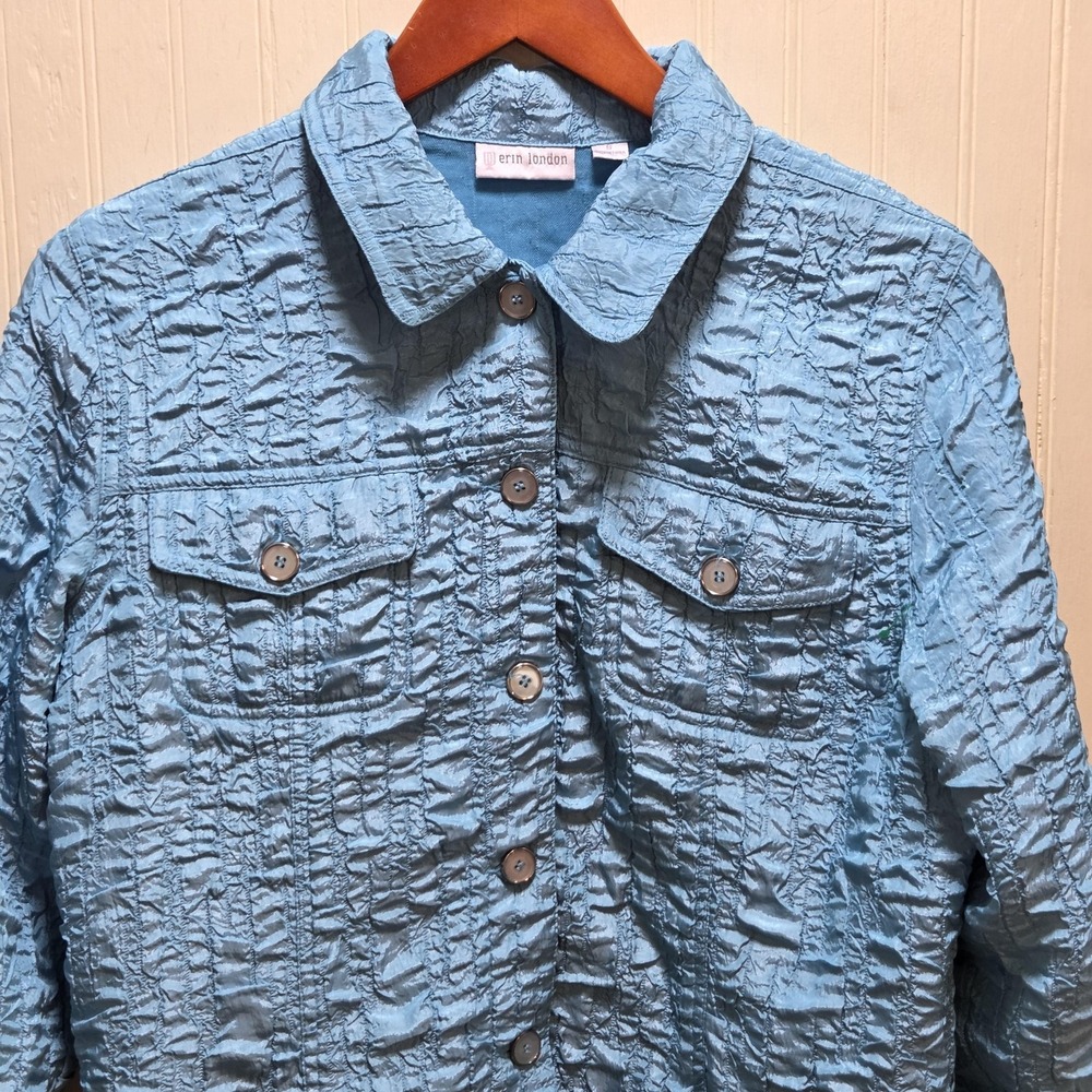 Erin London Jacket Womens Small Blue Crinkle Textured Button Front Pockets